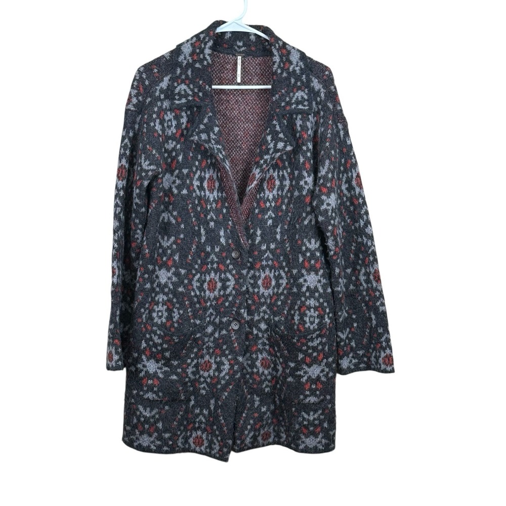 Free People Black Aztec Geo Print Long Cozy Jacket Wool Alpaca Blend Size M